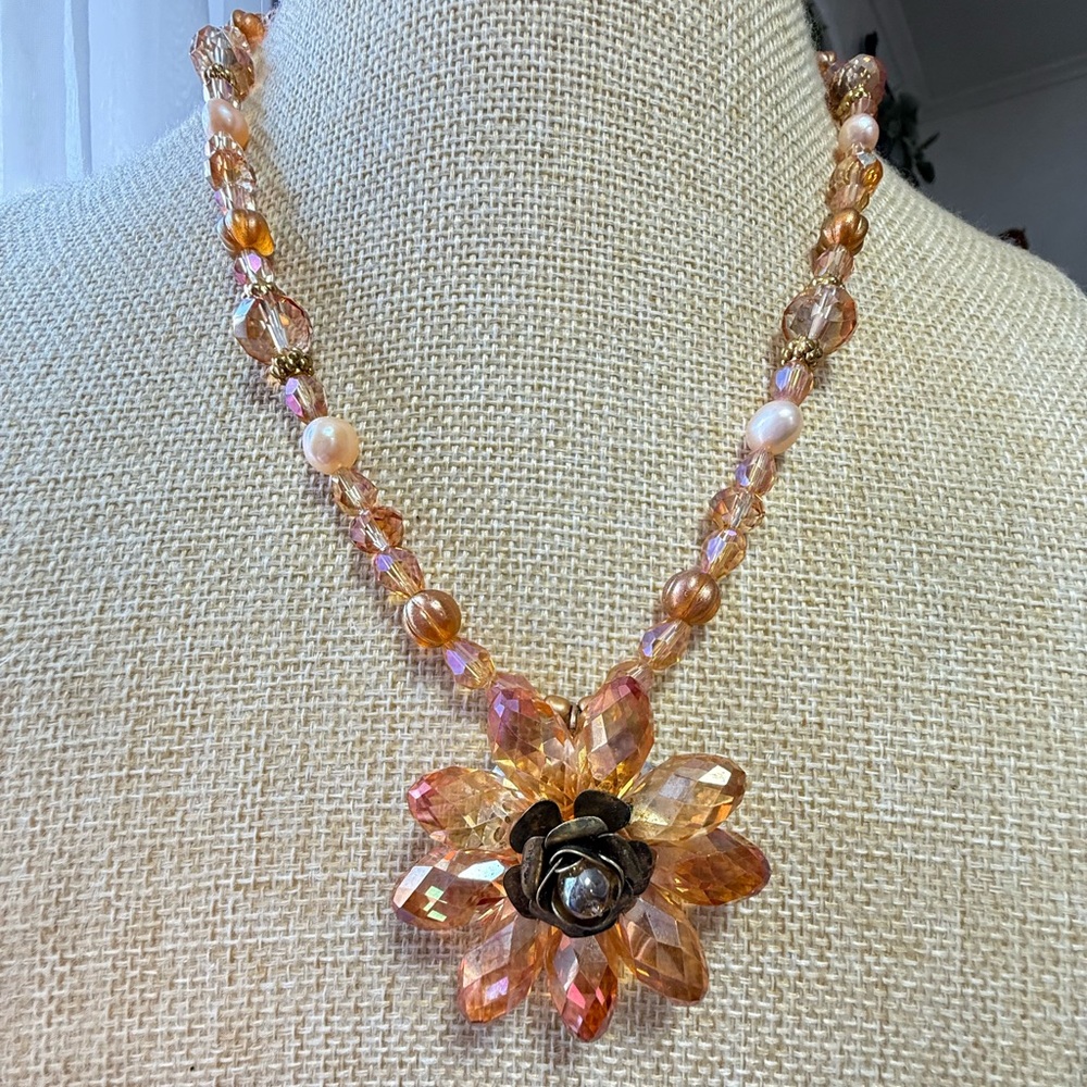 Artisan made Crystal necklace with peach pearls and Czech glass